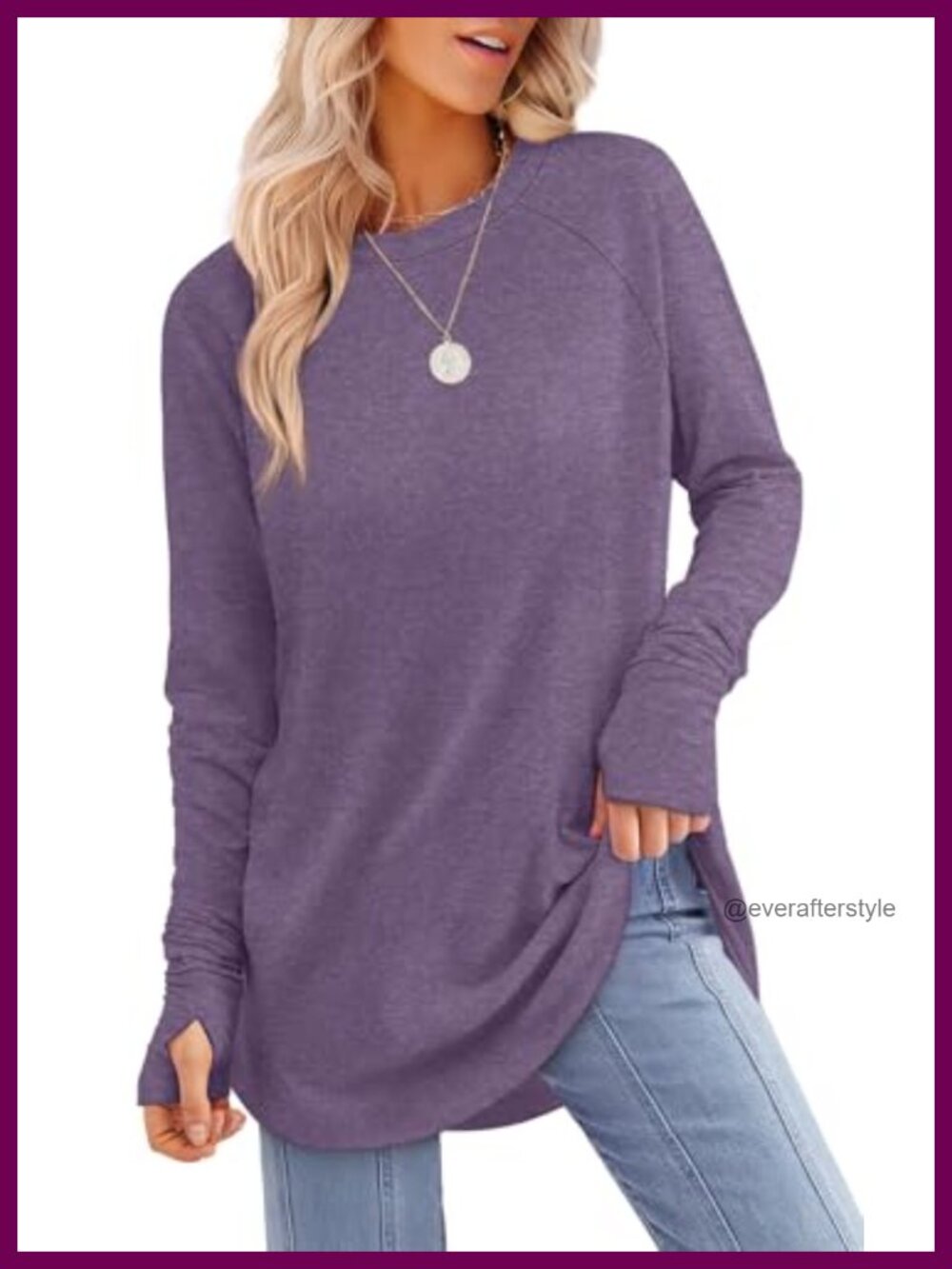 Womens Tunic Top Long Sleeve Crew Neck Curved Hem Oversized Fit Loose Fit